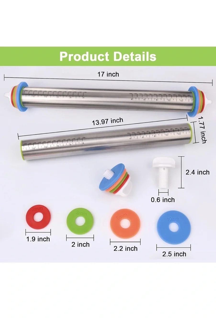 Adjustable Stainless Steel Rolling Pin 17 in 4 Thickness Discs Engraved